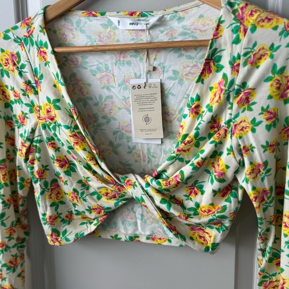 MANGO Women’s Bright Floral Printed Knot Long Sleeve Crop Top Size Large - Picture 5 of 13